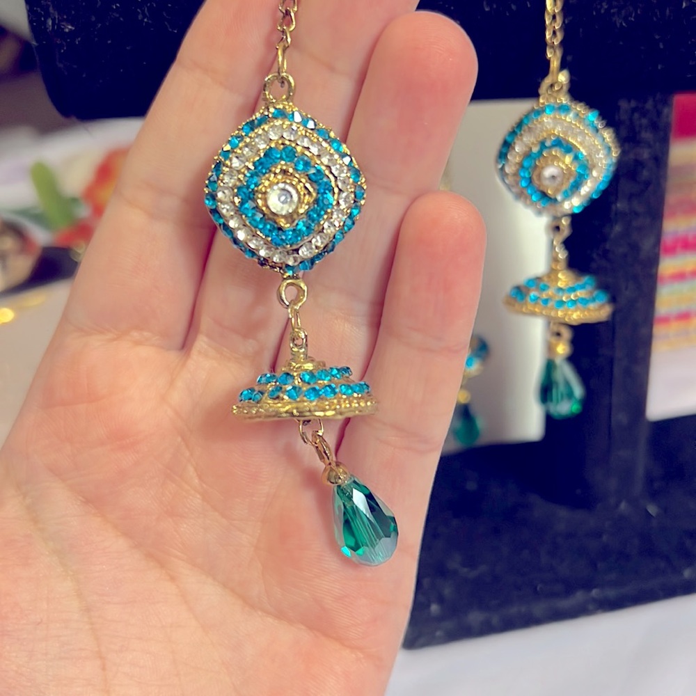 Blue Rhinestone Earrings with over Ear Extension